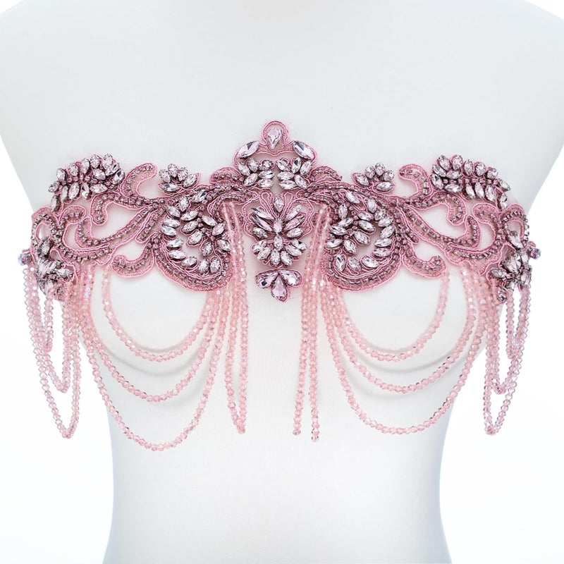amusediy Pink Beaded Rhinestones Applique Embellishment for Clothes,Epaulettes Shoulder Patches Sew-on Diamond Sequin Applique for Wedding Dress DIY Accessories Belt Waist Decoration - Image 1